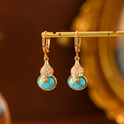 Turquoise Gourd Drop Earrings | Gold Crystal Huggie Hoops