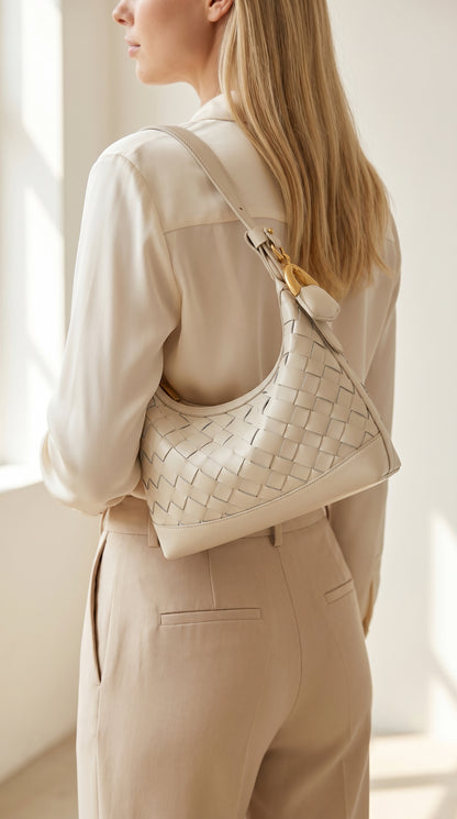 Woven Crescent Hobo Bag — Textured Shoulder Bag with Gold-Tone Hardware
