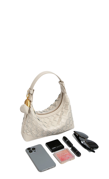 Woven Crescent Hobo Bag — Textured Shoulder Bag with Gold-Tone Hardware
