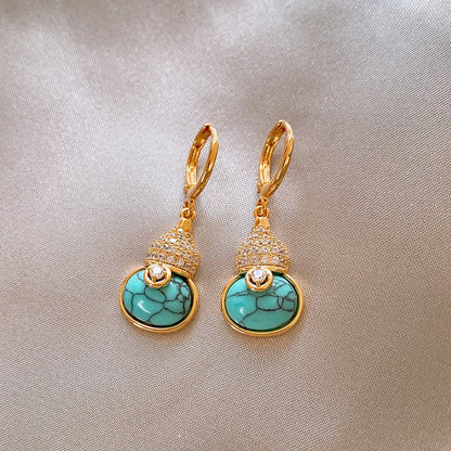 Turquoise Gourd Drop Earrings | Gold Crystal Huggie Hoops