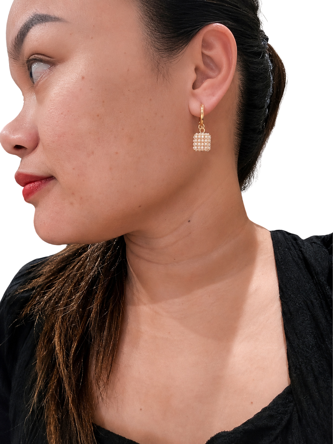 Micro-Inlaid Pearl Cube Hoop Earrings | 18K Gold Geometric Drop Earrings | Elegant Pearl Cluster Ear Clips