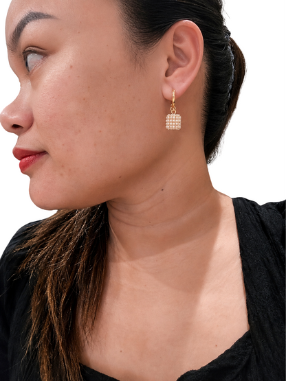 Micro-Inlaid Pearl Cube Hoop Earrings | 18K Gold Geometric Drop Earrings | Elegant Pearl Cluster Ear Clips