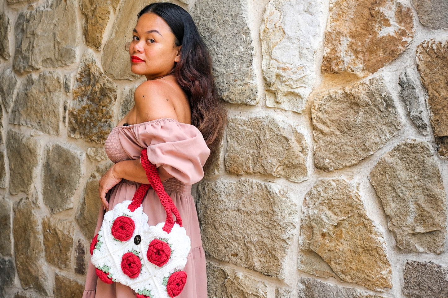 Norive Crochet Rose Tote – Handmade Floral Wool Bag with Top Handles