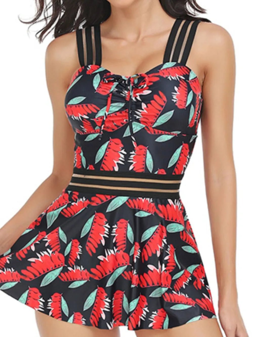Ruched Printed Sweetheart Neck Two - Piece Swim Set - NORIVE