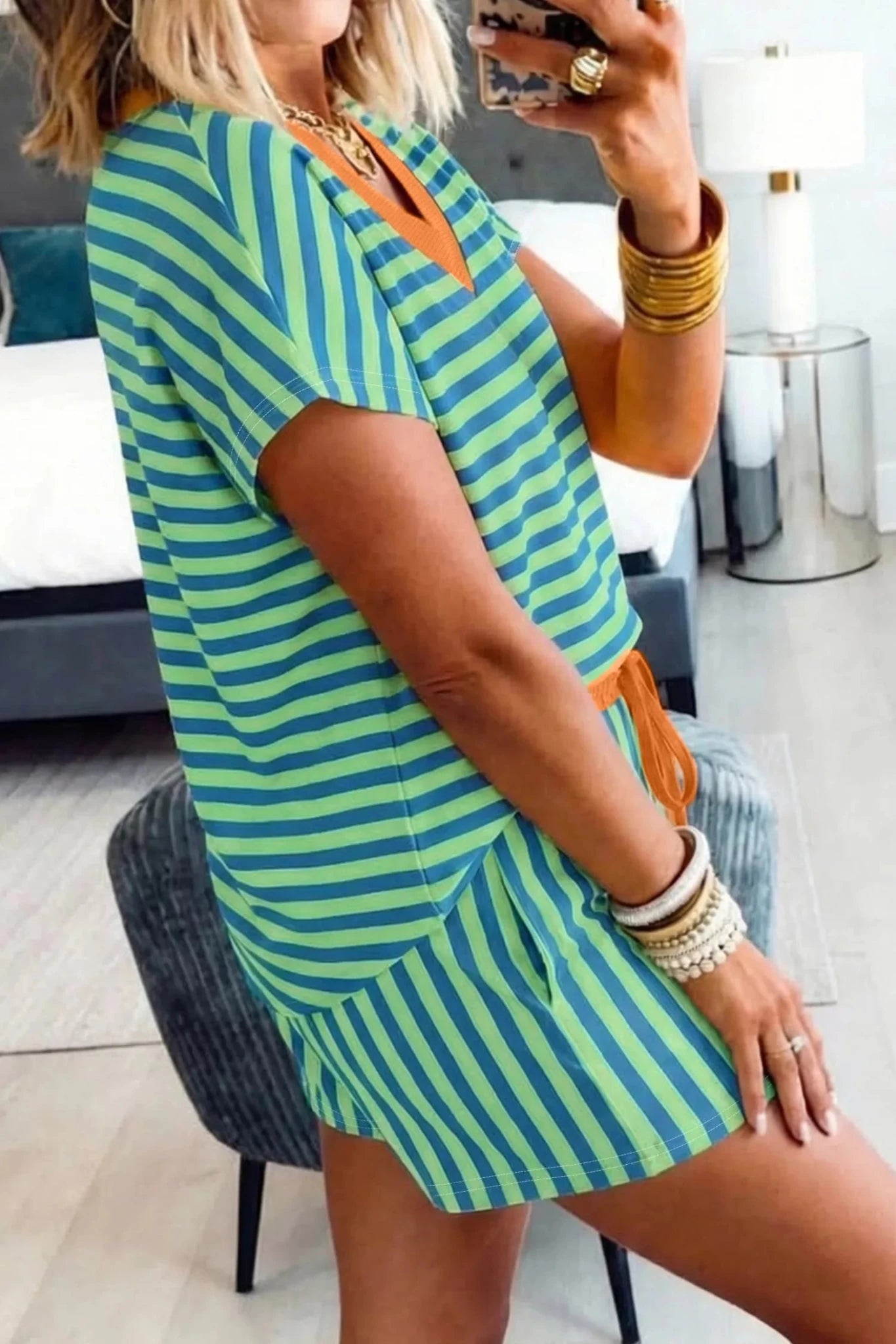 Stripe Colorblock Trim V Neck Tee Drawstring Elastic Waist Short Set - NORIVE
