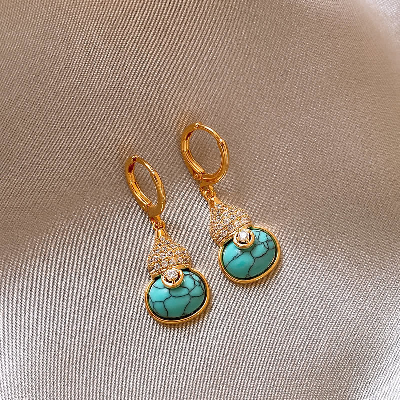 Turquoise Gourd Drop Earrings | Gold Crystal Huggie Hoops - NORIVE