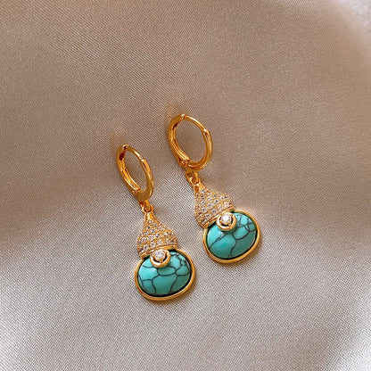 Turquoise Gourd Drop Earrings | Gold Crystal Huggie Hoops - NORIVE