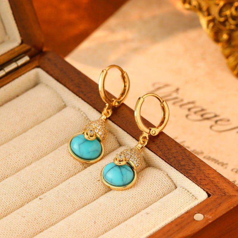 Turquoise Gourd Drop Earrings | Gold Crystal Huggie Hoops - NORIVE
