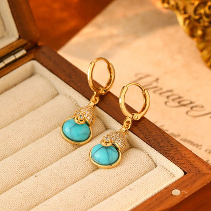Turquoise Gourd Drop Earrings | Gold Crystal Huggie Hoops - NORIVE