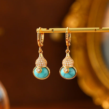 Turquoise Gourd Drop Earrings | Gold Crystal Huggie Hoops - NORIVE