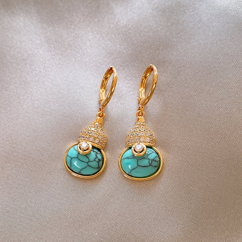 Turquoise Gourd Drop Earrings | Gold Crystal Huggie Hoops - NORIVE