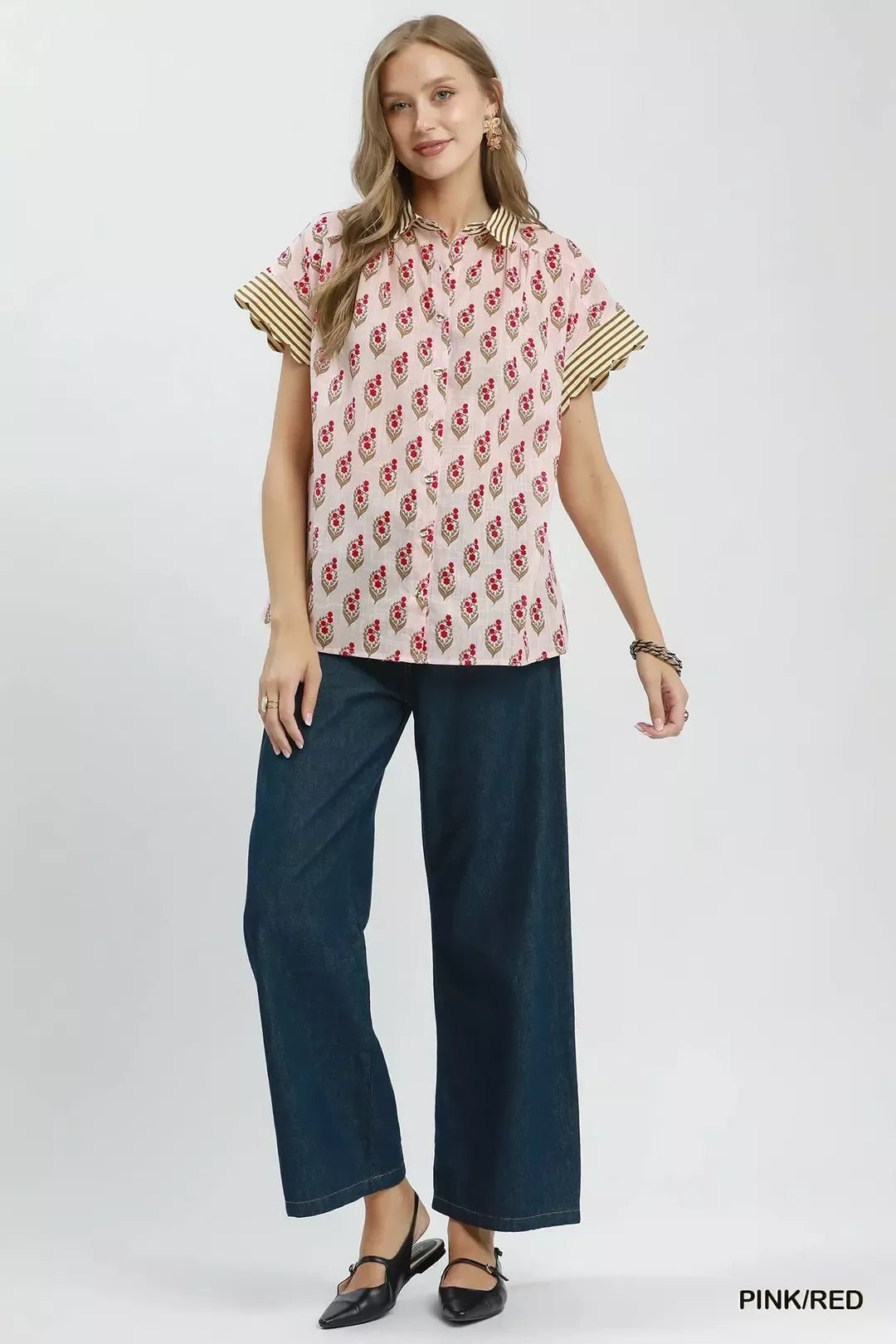 Umgee Block Print Button - Front Shirt with Contrast Stripe Point Collar - NORIVE