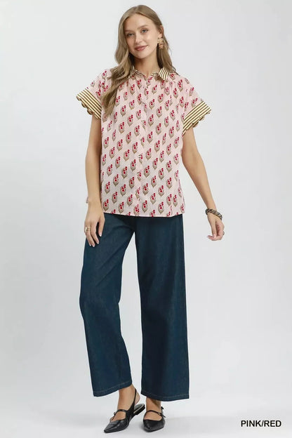 Umgee Block Print Button - Front Shirt with Contrast Stripe Point Collar - NORIVE