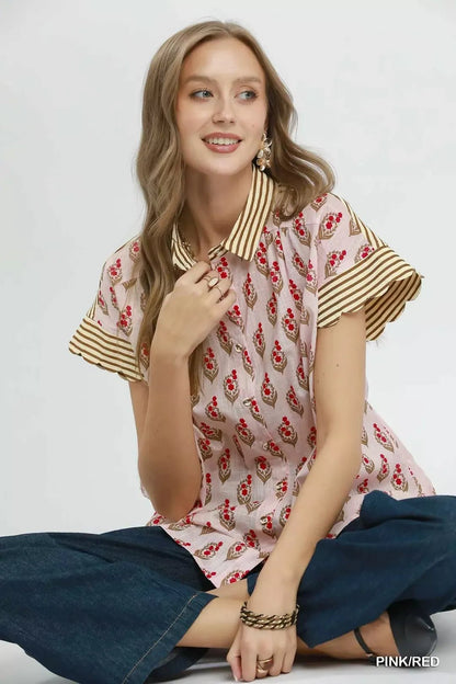 Umgee Block Print Button - Front Shirt with Contrast Stripe Point Collar - NORIVE