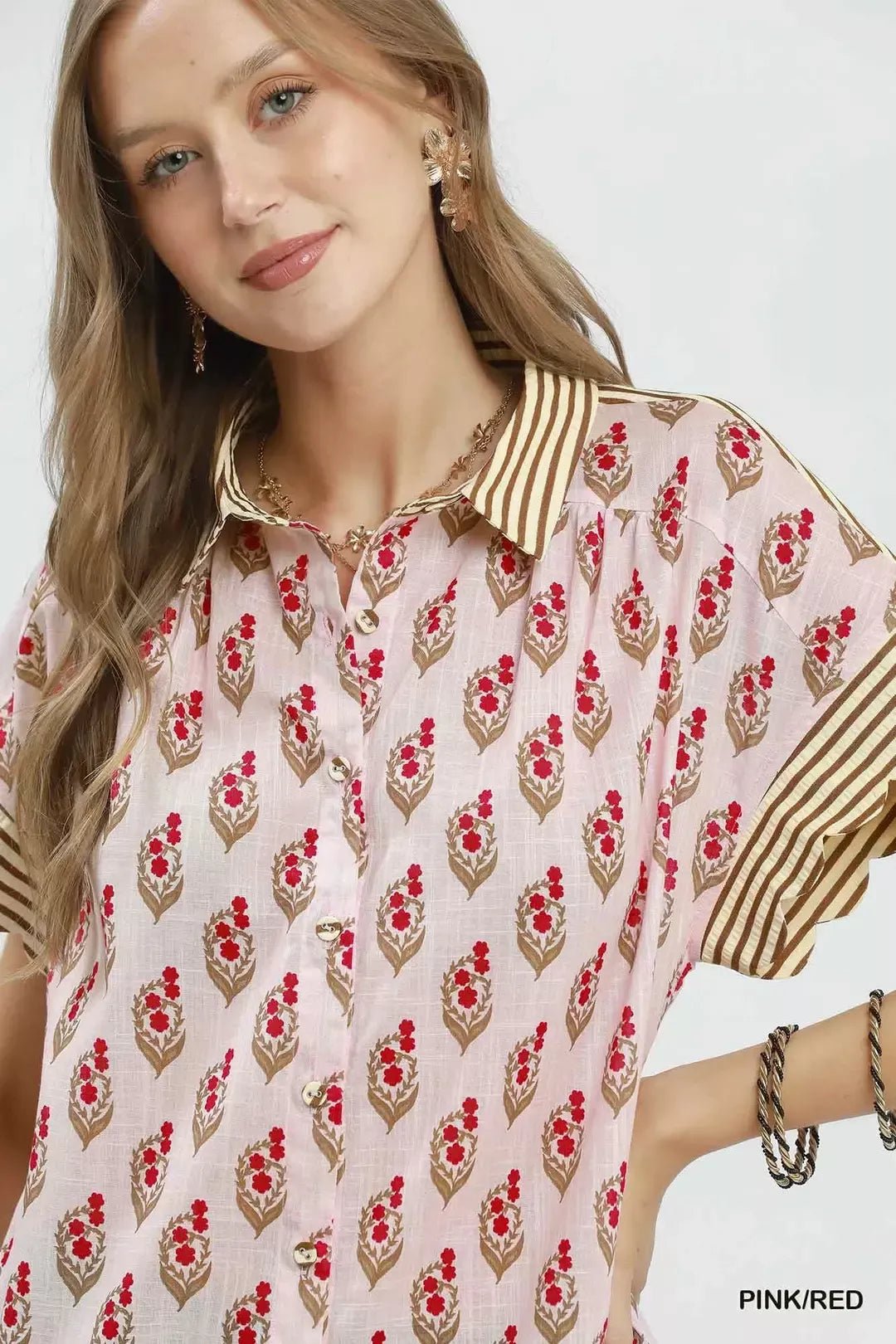 Umgee Block Print Button - Front Shirt with Contrast Stripe Point Collar - NORIVE