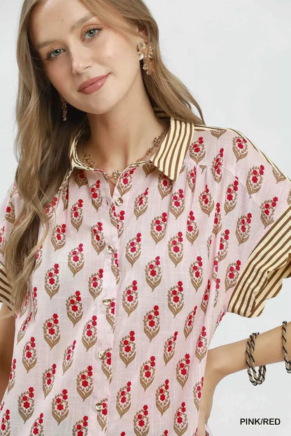 Umgee Block Print Button - Front Shirt with Contrast Stripe Point Collar - NORIVE