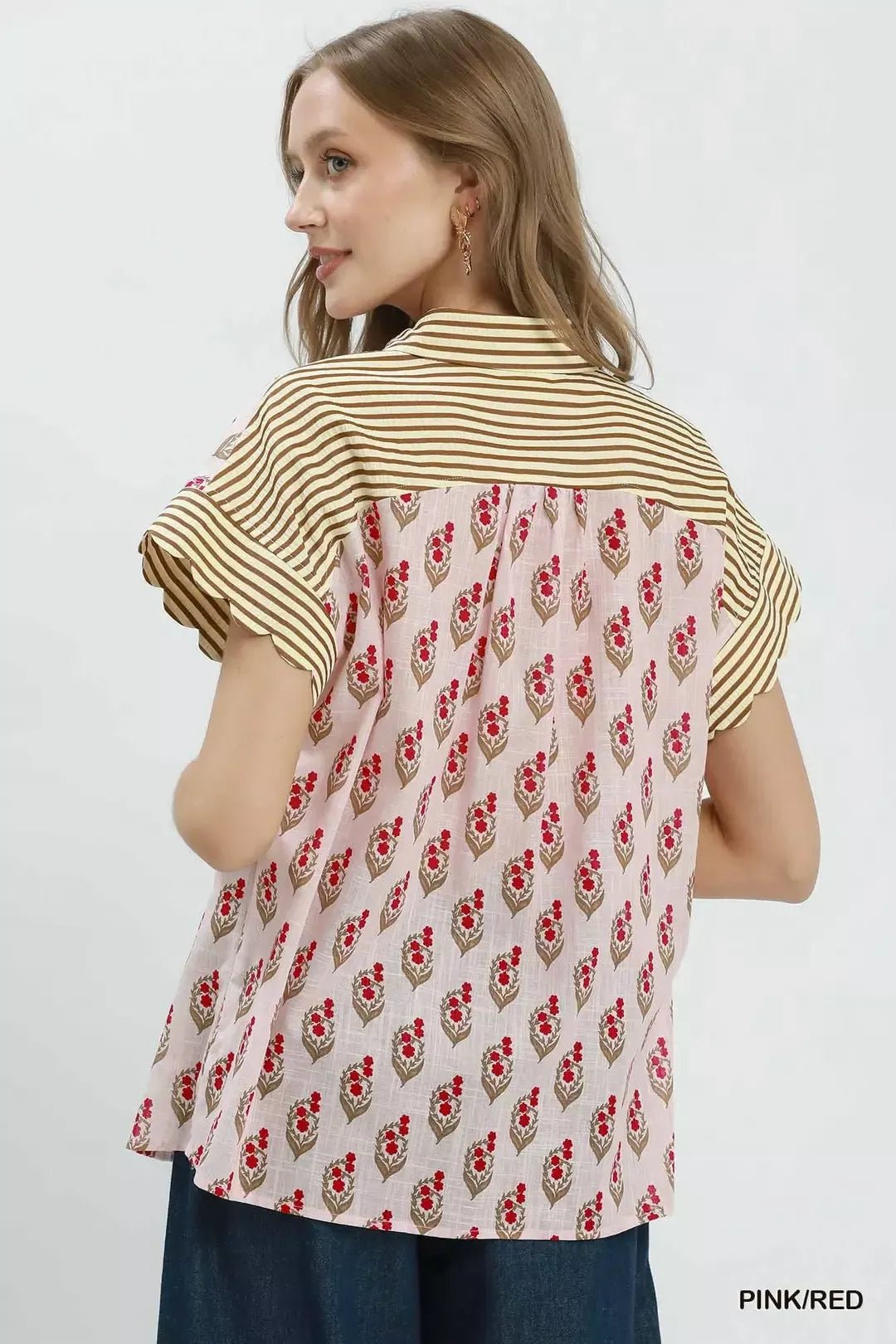 Umgee Block Print Button - Front Shirt with Contrast Stripe Point Collar - NORIVE