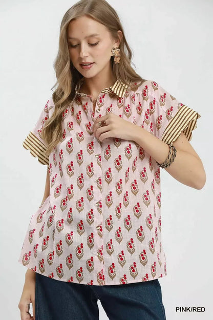 Umgee Block Print Button - Front Shirt with Contrast Stripe Point Collar - NORIVE