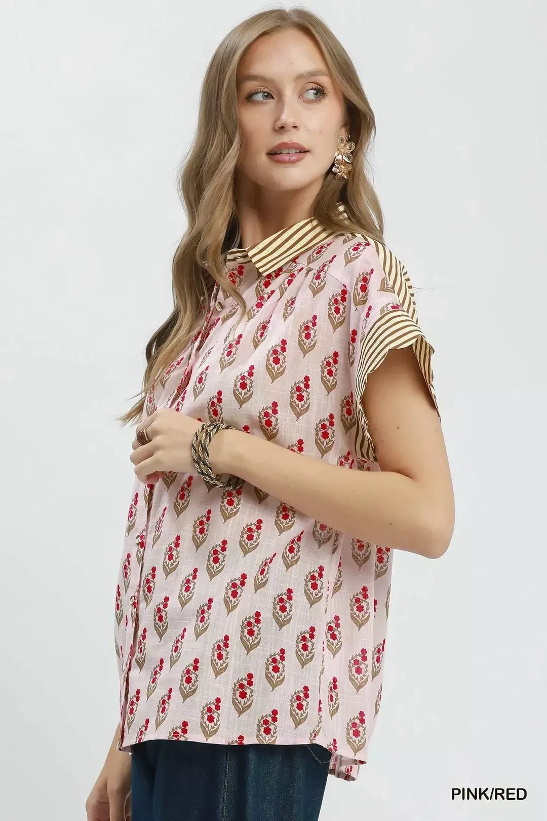 Umgee Block Print Button - Front Shirt with Contrast Stripe Point Collar - NORIVE