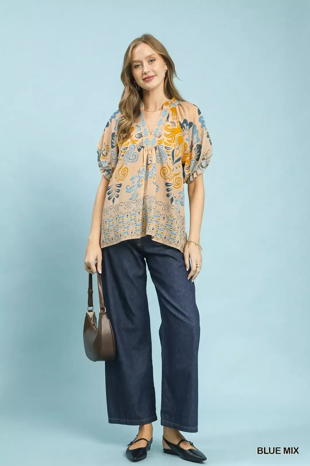 Umgee Border Print Puff Sleeve V - Neck Blouse - NORIVE