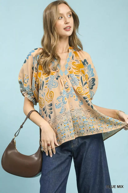 Umgee Border Print Puff Sleeve V - Neck Blouse - NORIVE