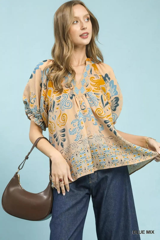 Umgee Border Print Puff Sleeve V - Neck Blouse - NORIVE