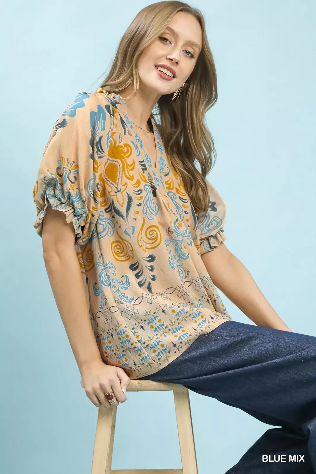 Umgee Border Print Puff Sleeve V - Neck Blouse - NORIVE