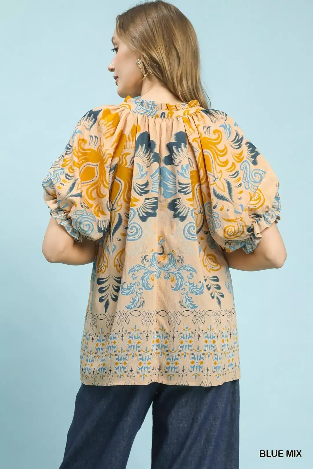 Umgee Border Print Puff Sleeve V - Neck Blouse - NORIVE