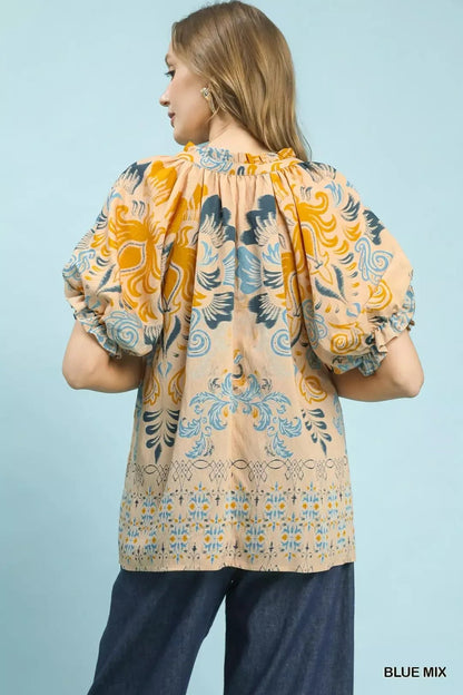 Umgee Border Print Puff Sleeve V - Neck Blouse - NORIVE