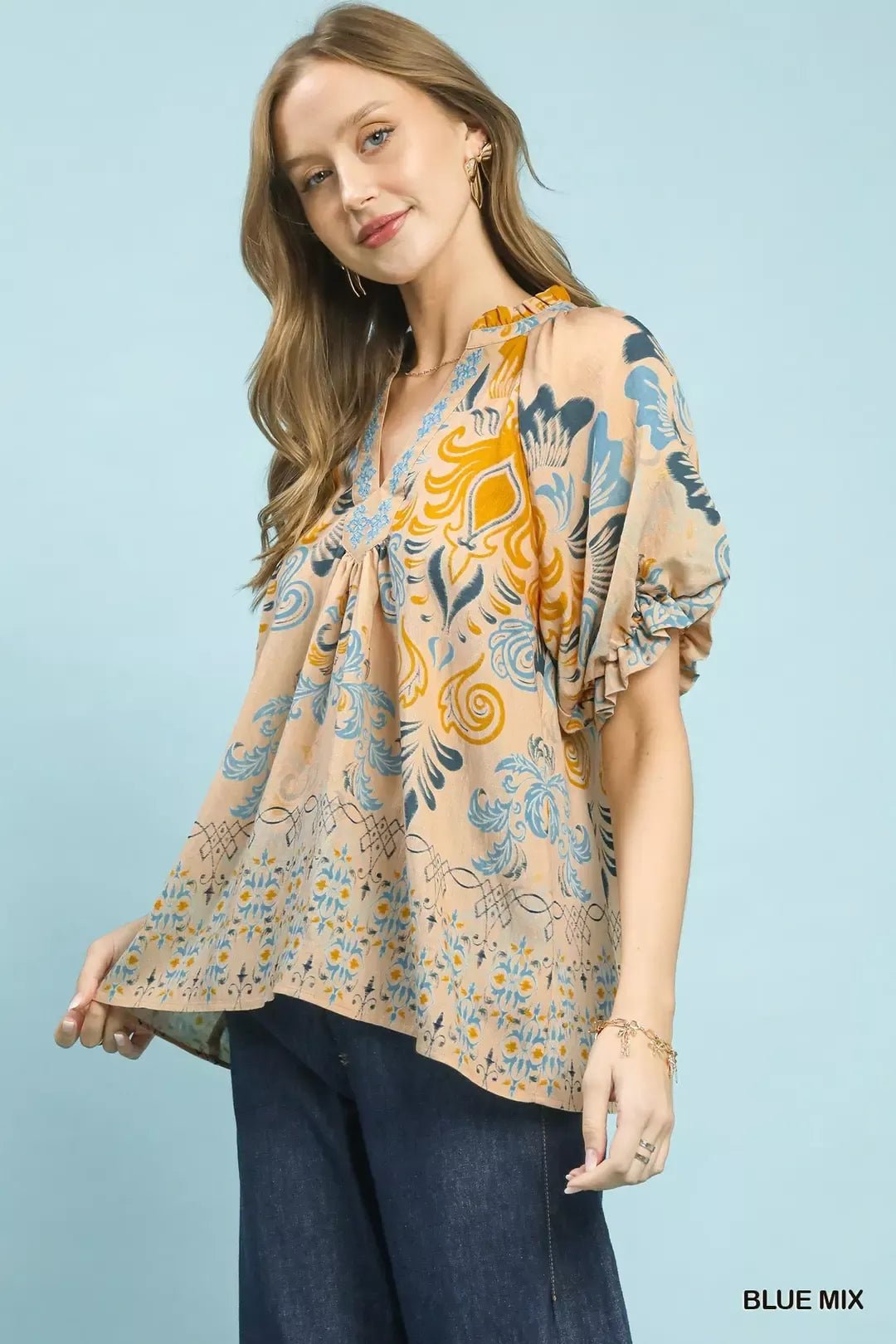 Umgee Border Print Puff Sleeve V - Neck Blouse - NORIVE