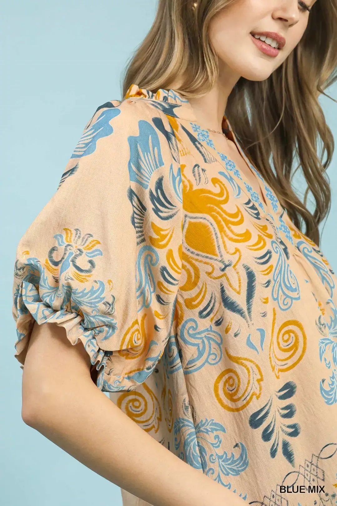 Umgee Border Print Puff Sleeve V - Neck Blouse - NORIVE