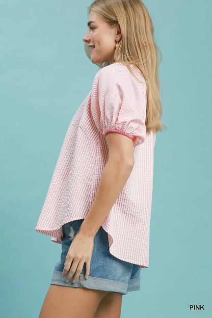 Umgee Checker Puff Sleeve Button Front Blouse - NORIVE