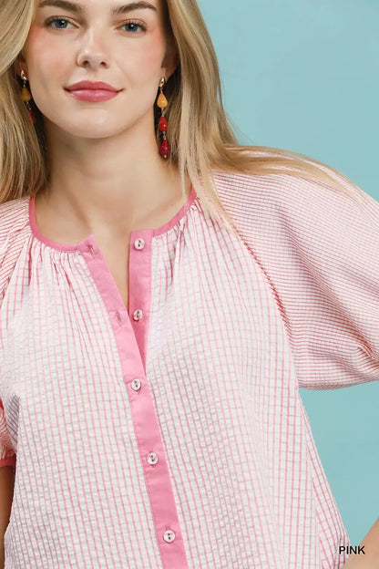 Umgee Checker Puff Sleeve Button Front Blouse - NORIVE