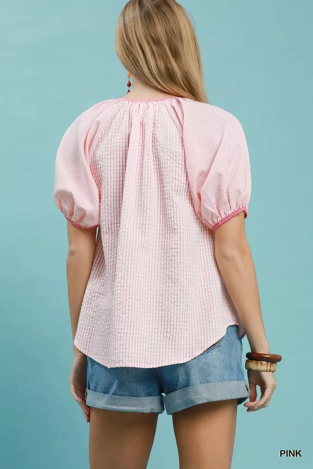 Umgee Checker Puff Sleeve Button Front Blouse - NORIVE