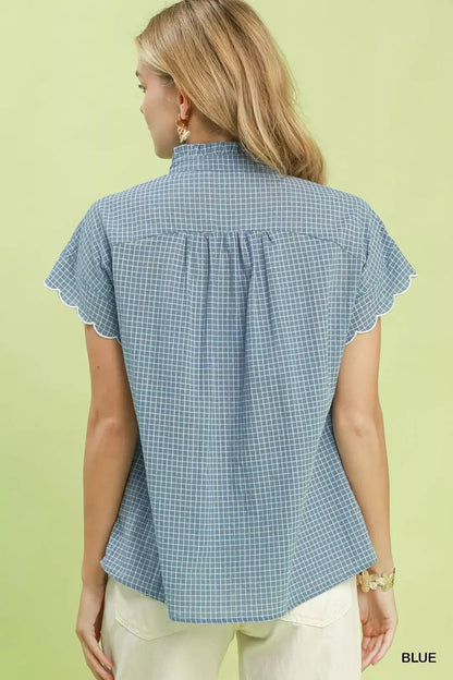 Umgee Embroidered Print Scallop Sleeve Button Front Blouse - NORIVE