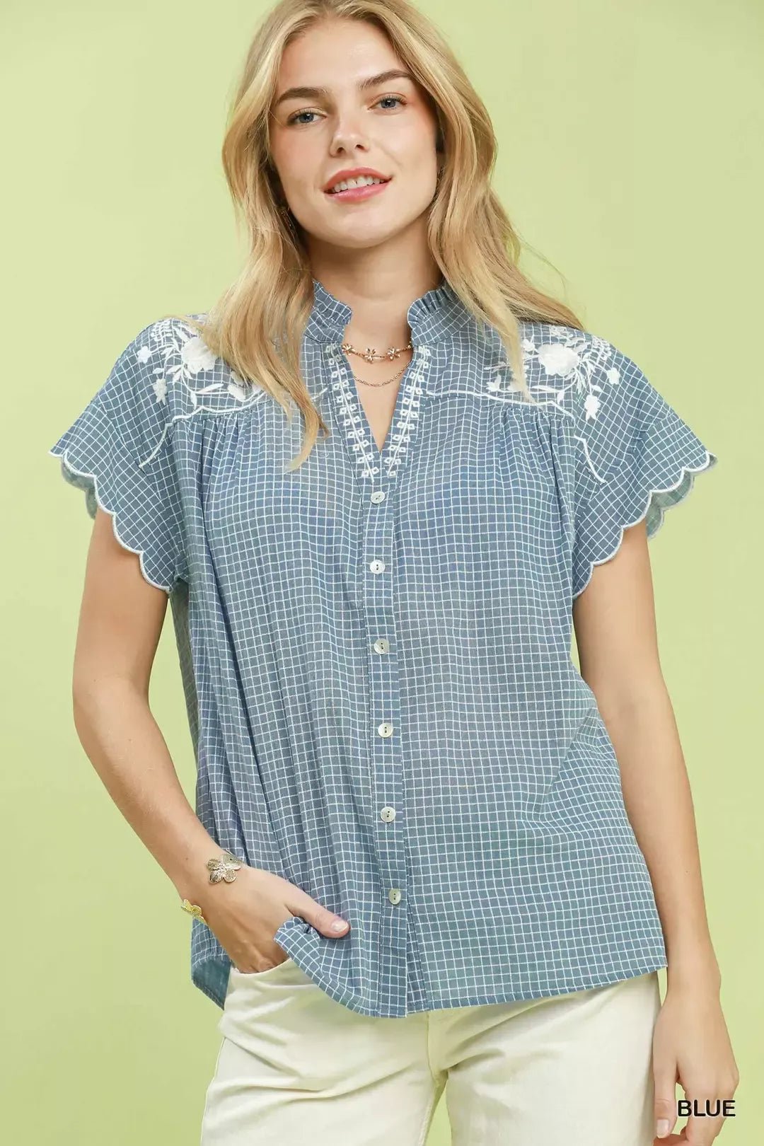 Umgee Embroidered Print Scallop Sleeve Button Front Blouse - NORIVE