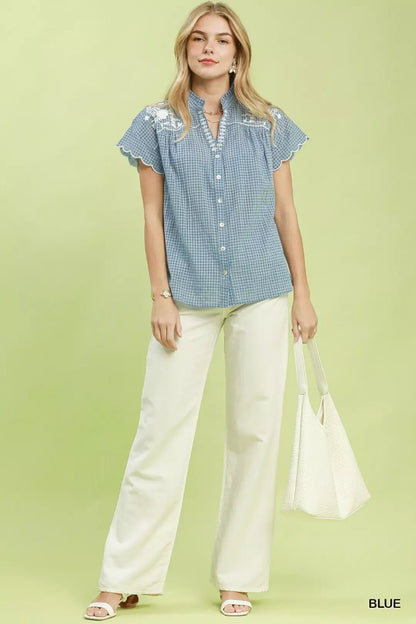 Umgee Embroidered Print Scallop Sleeve Button Front Blouse - NORIVE