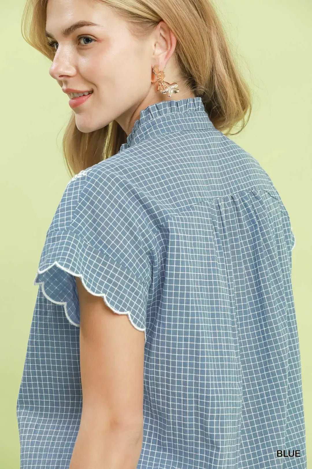 Umgee Embroidered Print Scallop Sleeve Button Front Blouse - NORIVE