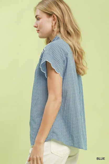 Umgee Embroidered Print Scallop Sleeve Button Front Blouse - NORIVE