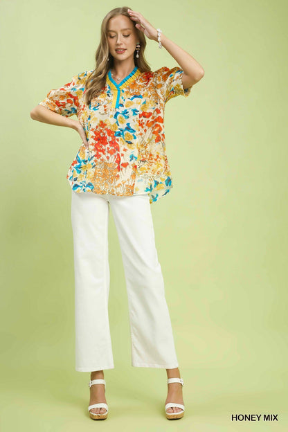 Umgee Floral Contrast Pleat Neck Top - NORIVE