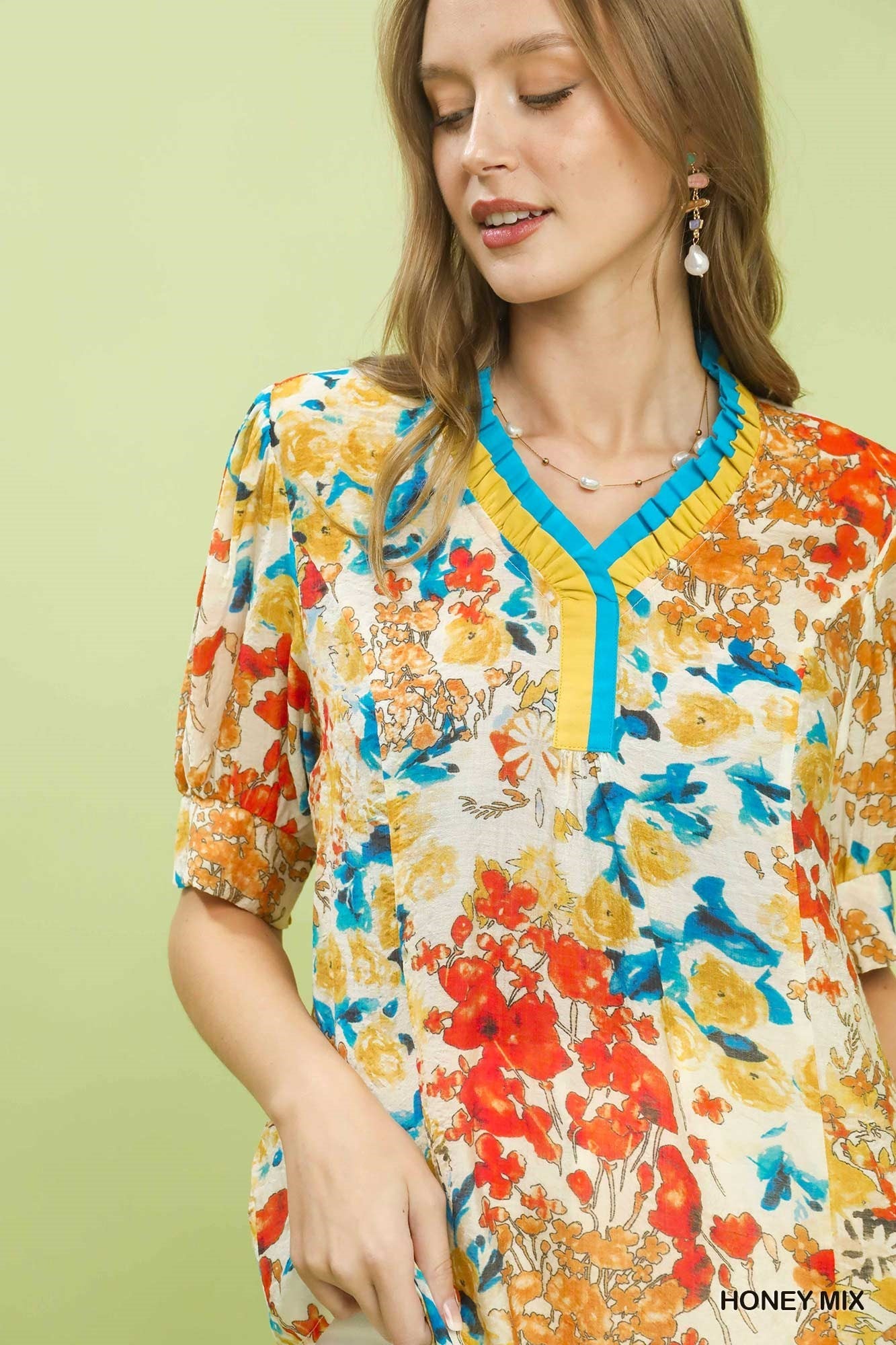 Umgee Floral Contrast Pleat Neck Top - NORIVE