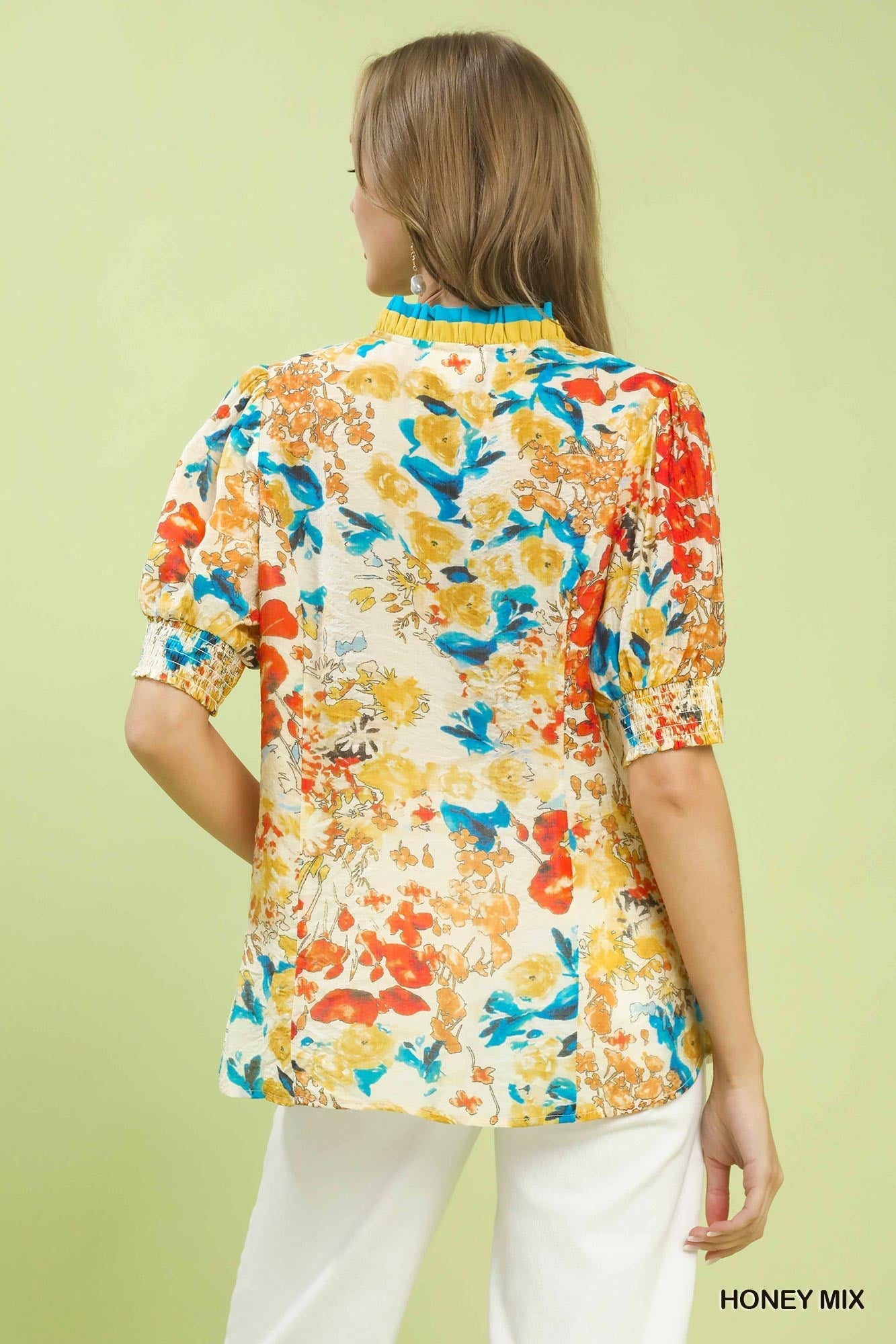 Umgee Floral Contrast Pleat Neck Top - NORIVE