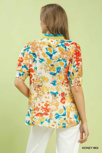 Umgee Floral Contrast Pleat Neck Top - NORIVE