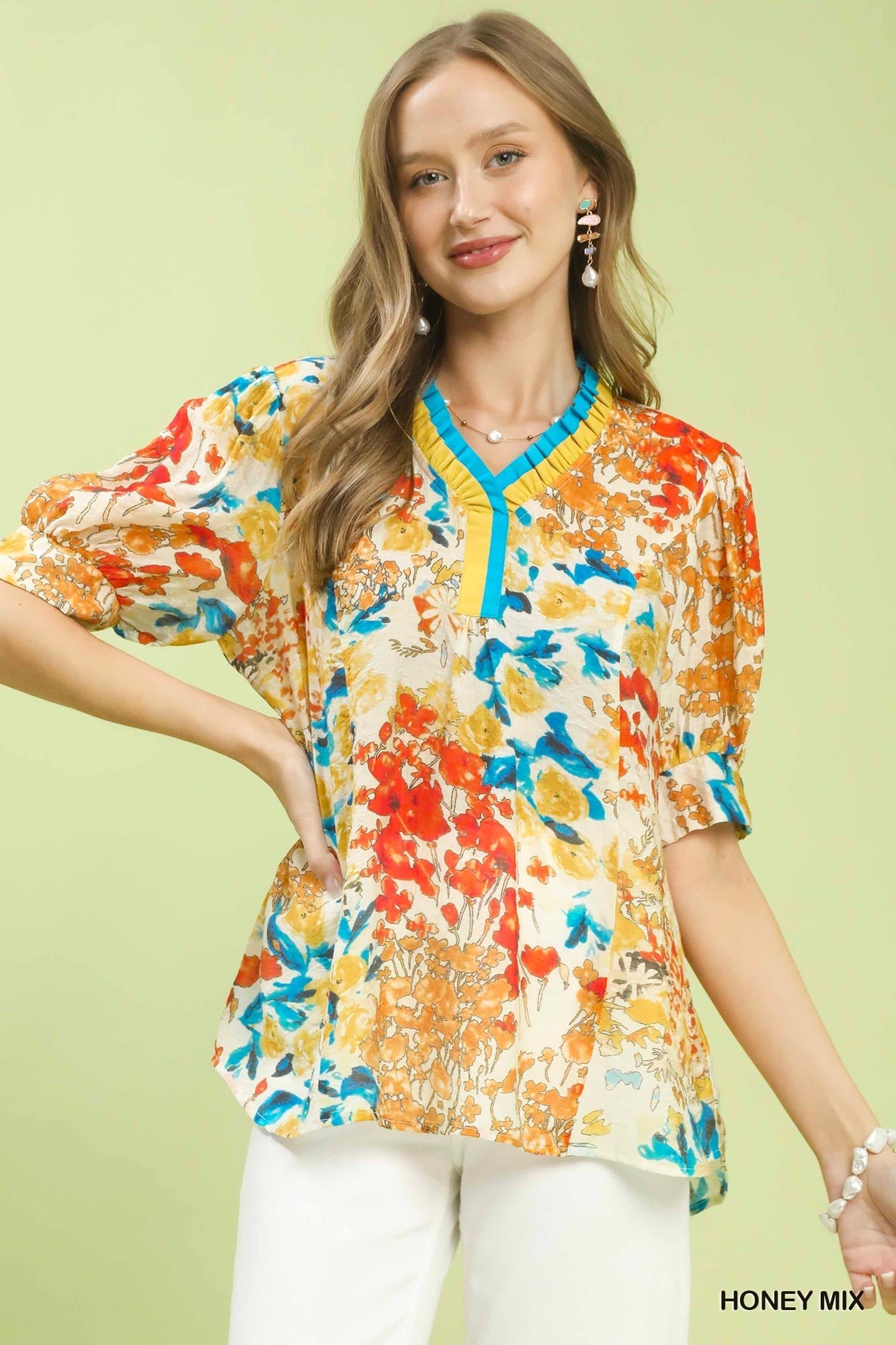 Umgee Floral Contrast Pleat Neck Top - NORIVE