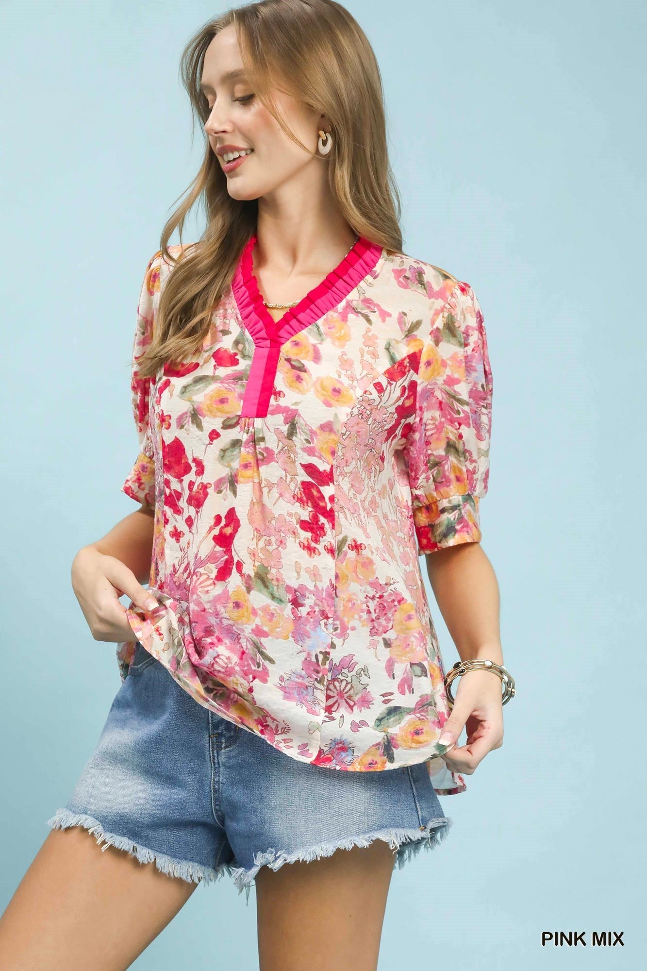 Umgee Floral Contrast Pleat Neck Top - NORIVE