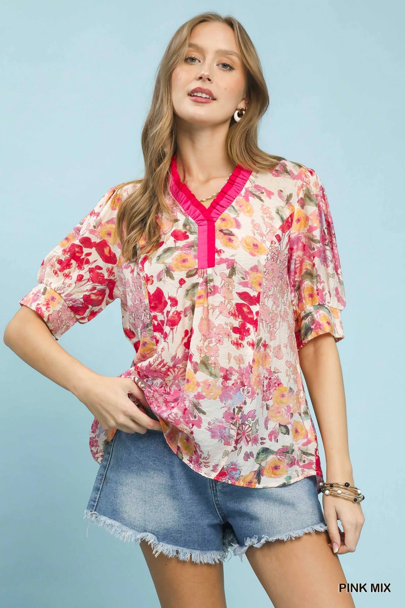 Umgee Floral Contrast Pleat Neck Top - NORIVE