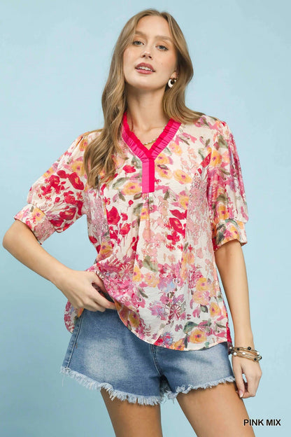 Umgee Floral Contrast Pleat Neck Top - NORIVE