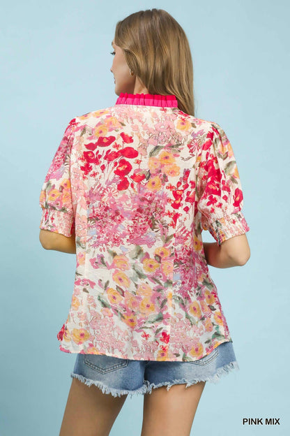 Umgee Floral Contrast Pleat Neck Top - NORIVE