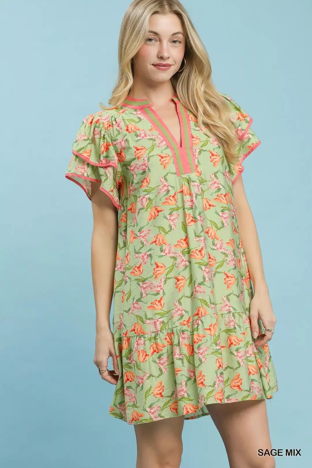 Umgee Floral Flutter Sleeve Tiered Dress - NORIVE