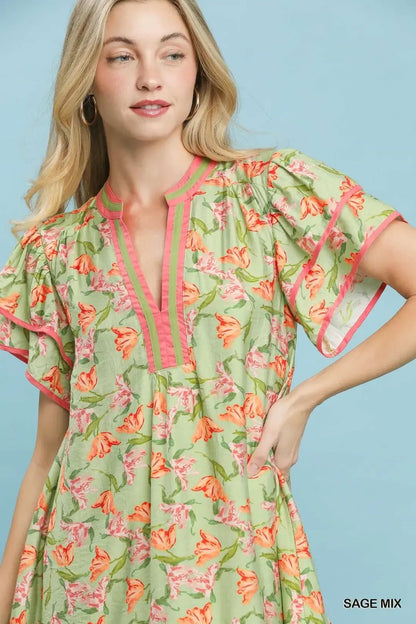 Umgee Floral Flutter Sleeve Tiered Dress - NORIVE